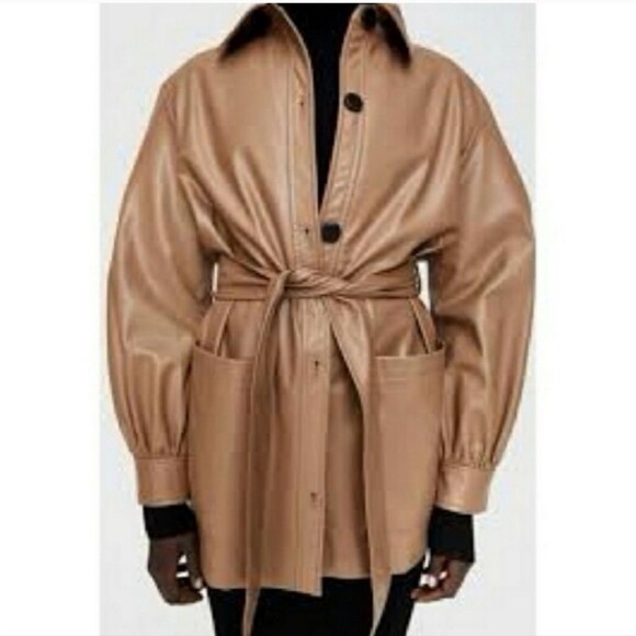 Zara Faux Leather Camel Short Trench Coat Medium Woman - Picture 12 of 15